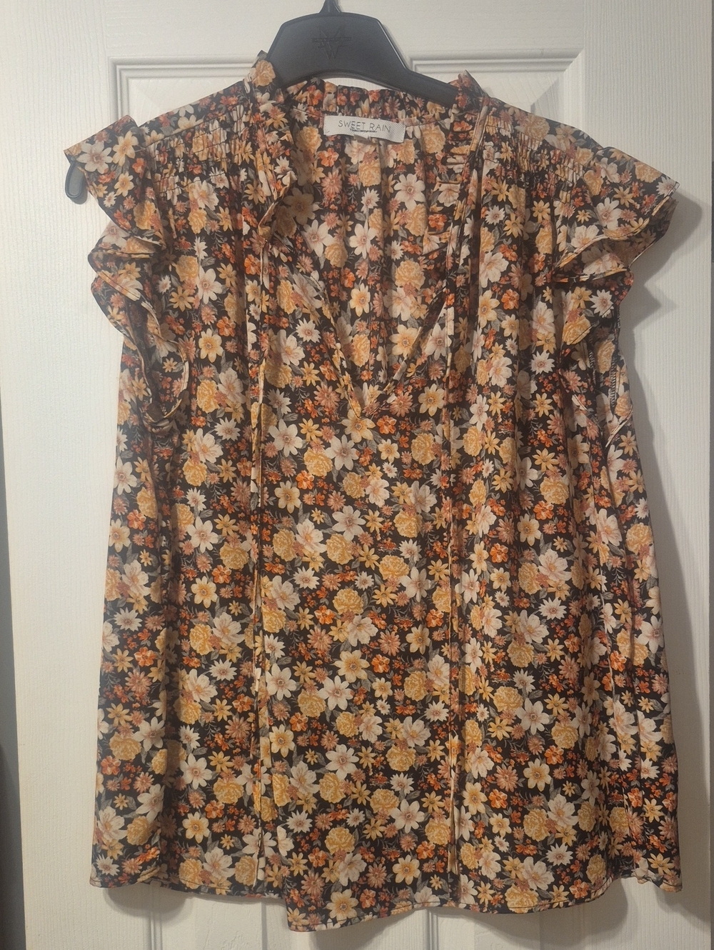 Sweet Rain Black Floral Ruffle-Sleeve Blouse with Yellow & Cream Flowers
